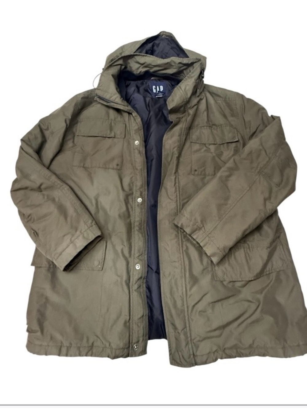 Gap Men’s XL Olive Green Utility Jacket Military Style Hooded Snap Front
